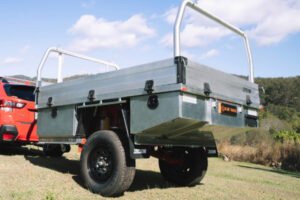 rear side view of high suspension on aluminium trailer. The Blaze - Flagship Aluminium Trailer with Air Suspension, Ideal for Gold Coast and Brisbane Hauling