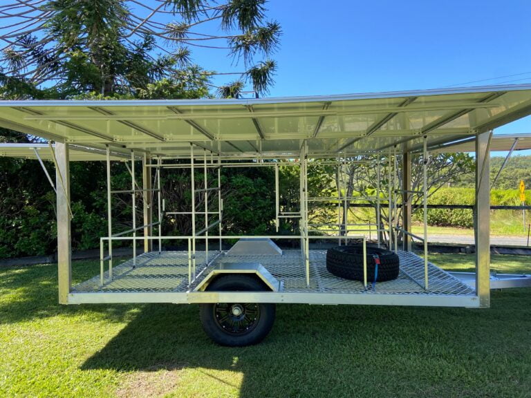 Aluminium surf lifesaving equipment trailer with easy access from all sides