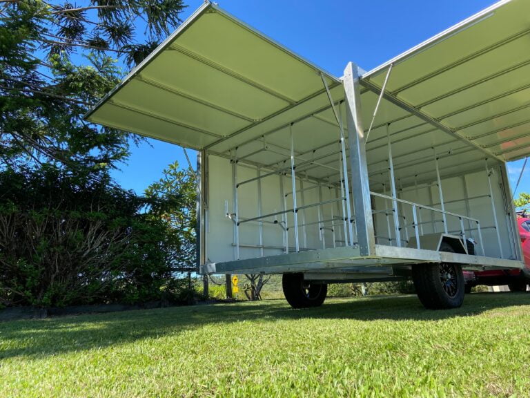 beach friendly surf rescue equipment trailer with custom storage, easy cleaning, and all-side access